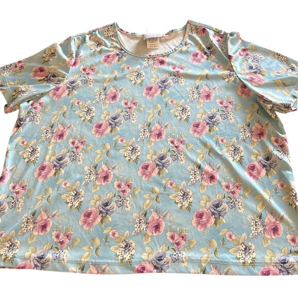 Blair 2XL Blue Floral Print Knit Top Vintage Short Sleeves - Picture 4 of 9
